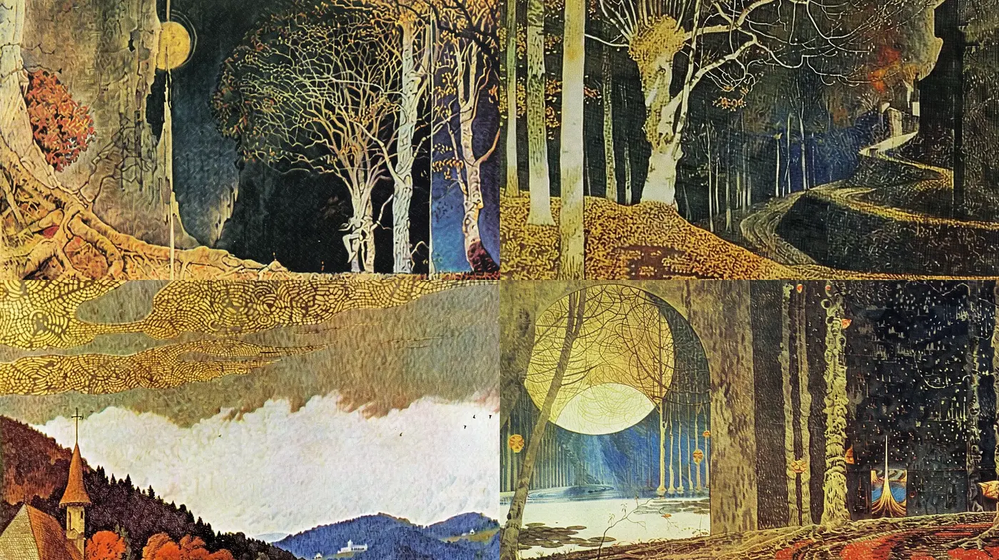 Enchanted Forest Reverie: A Tapestry of Twilight Hues and Mystical Ambiance - Midjourney sref style