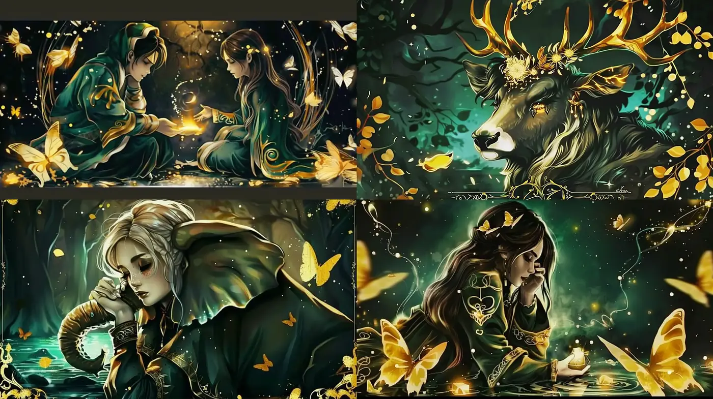 Enchanted Nocturnal Woodland Symphony in Gold and Emerald - Midjourney sref style
