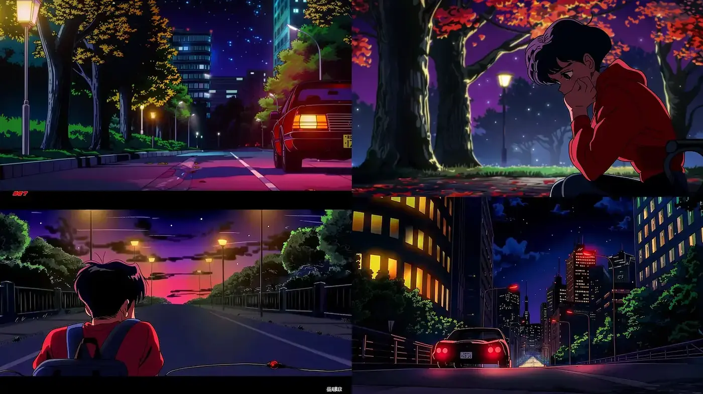 Vibrant Urban Nightscapes with a Nostalgic Anime Vibe - Midjourney sref style