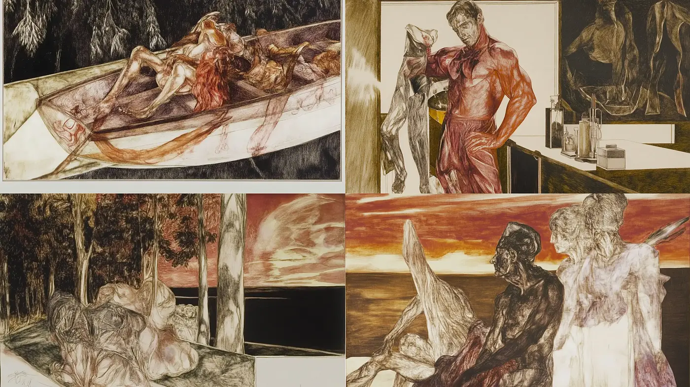 Elegiac Figurative Scenes in Sepia Tones: A Harmonious Fusion of Classical Forms with Contemporary Narratives - Midjourney sref style