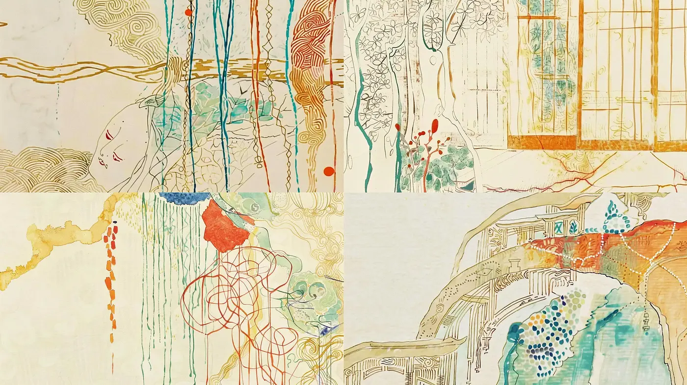 Ethereal Watercolor Dreamscape with Delicate Line Art - Midjourney sref style