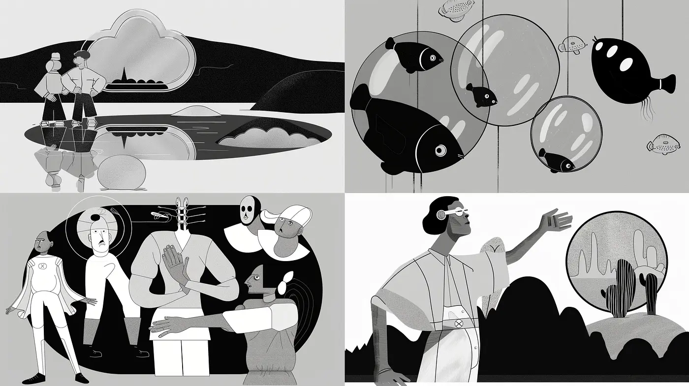 Monochromatic Dreamscape with Surrealist Influences - Midjourney sref style
