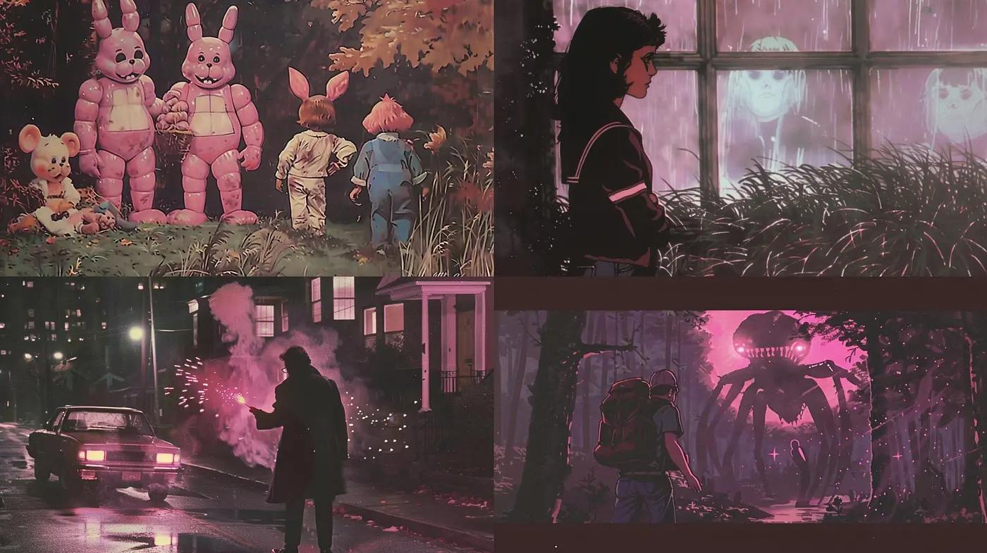 Dusky Chromatic Visions: A Harmonized Palette of Twilight Tones and Silhouetted Stories - Midjourney sref style