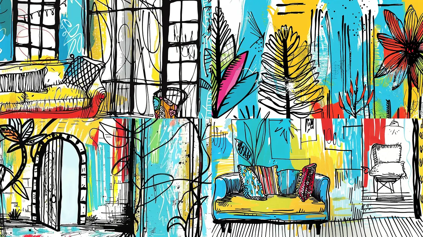 Vibrant Brushstroke Harmony in Illustrated Interiors - Midjourney sref style