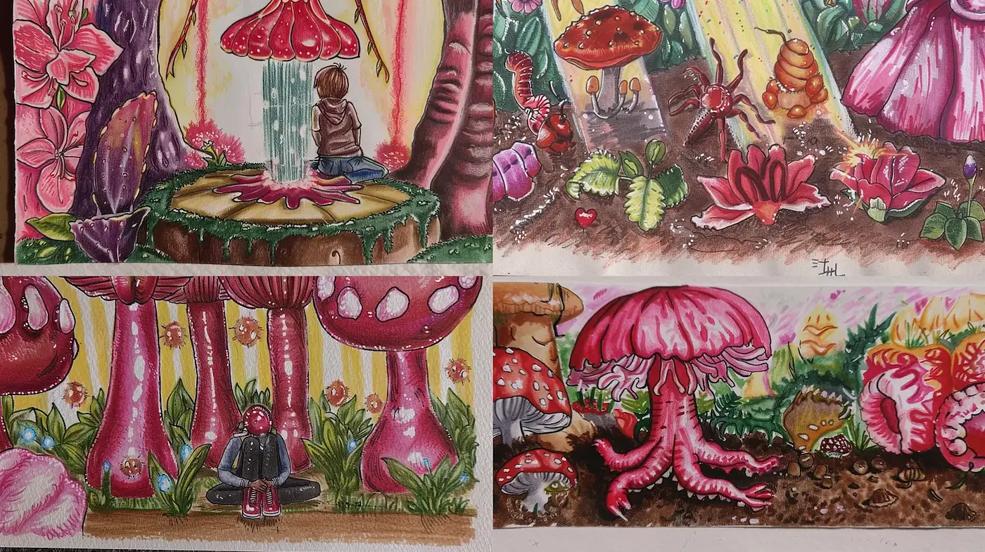 Whimsical and Colorful Fantasy Landscapes with Hand-Drawn Elements - Midjourney sref style