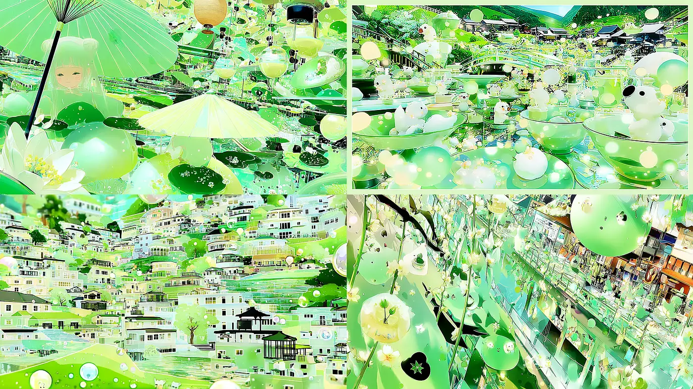 Lush Green Dreamscapes with Surreal Elements and Playful Aesthetics - Midjourney sref style