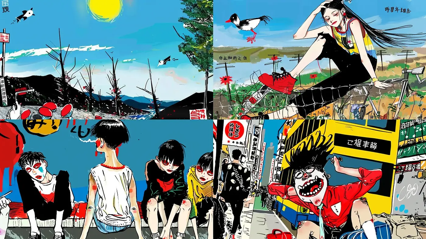 Expressive Anime-Inspired Urban Chaos and Serenity - Midjourney sref style