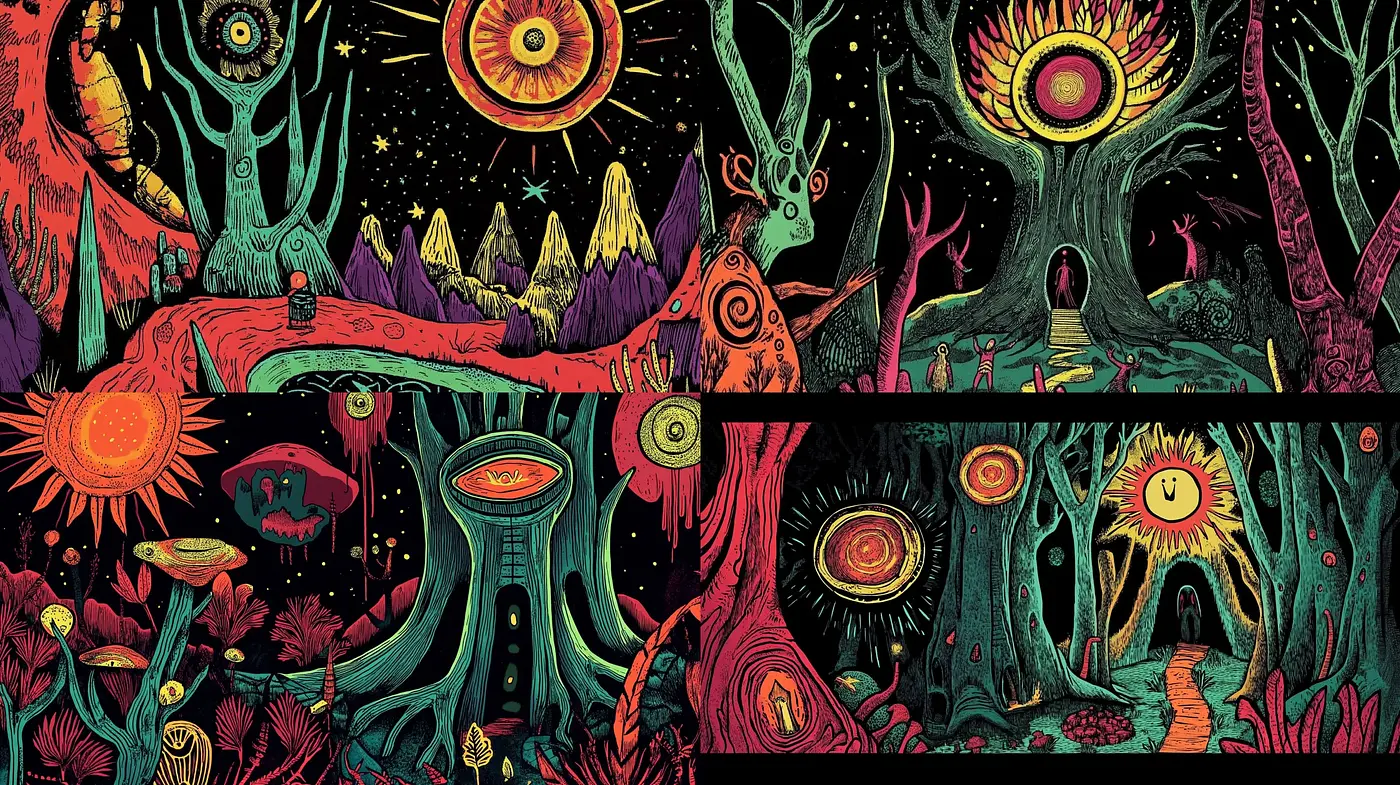 Enigmatic Psychedelic Dreamscape Illustration Style - Midjourney sref style