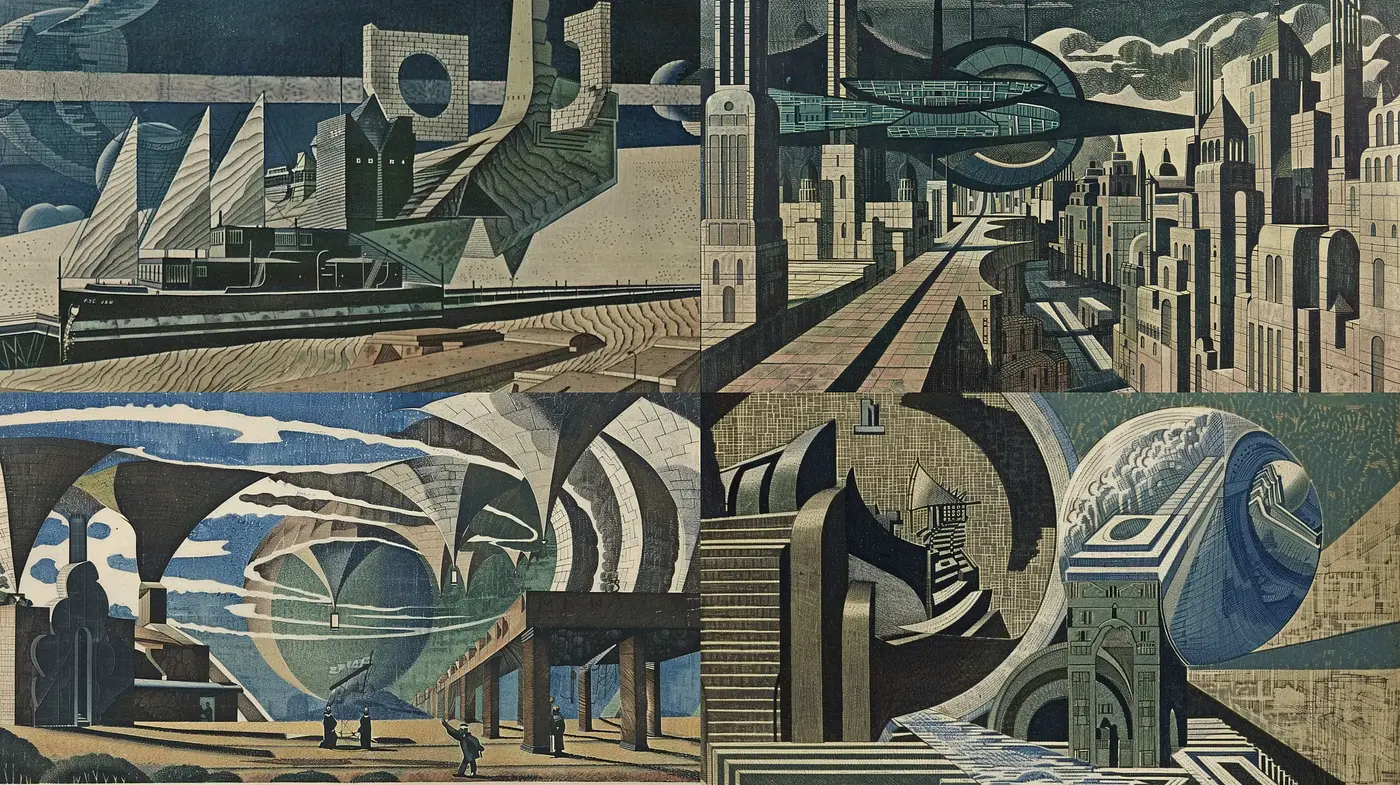 Futuristic Retro-Futurism with a Metaphysical Art Essence - Midjourney sref style