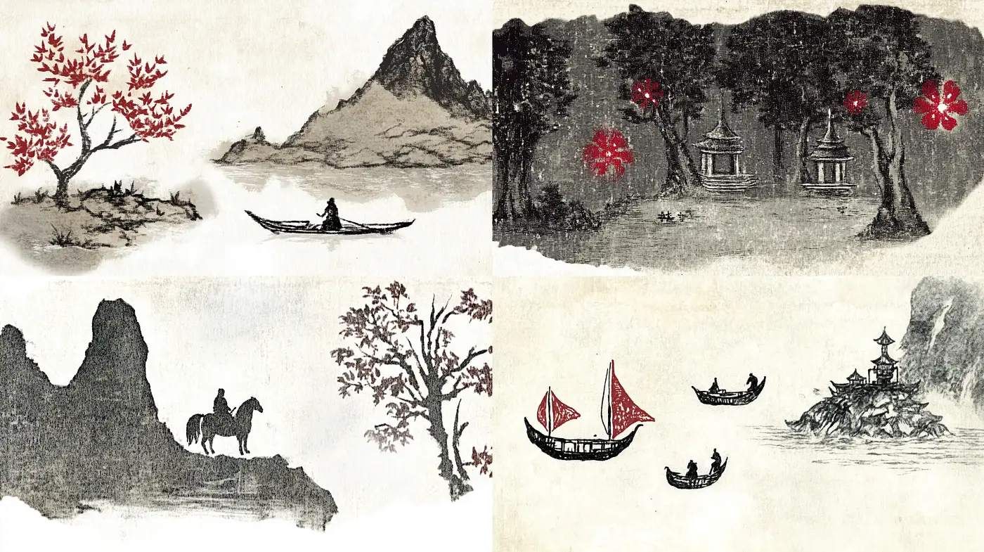 Tranquil Oriental Ink Wash Landscapes - Midjourney sref style