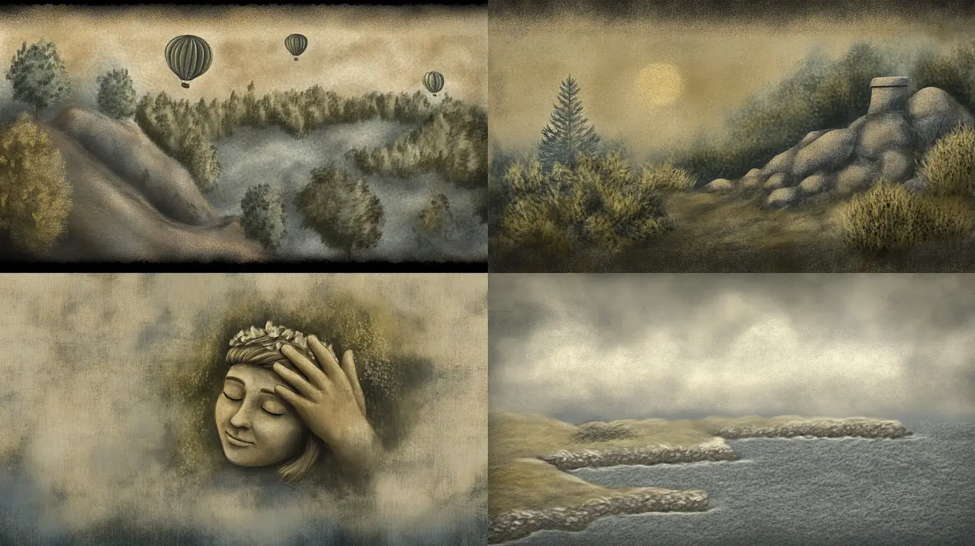 Dreamlike Serenity in Sepia: A Fusion of Surrealism and Vintage Pastoral Art - Midjourney sref style