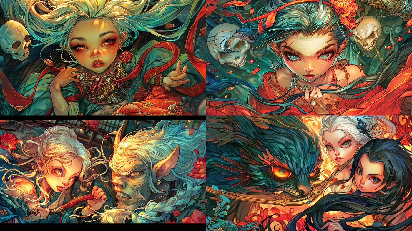 Ethereal Fantasia: A Lush Interplay of Color and Mythical Elegance - Midjourney sref style