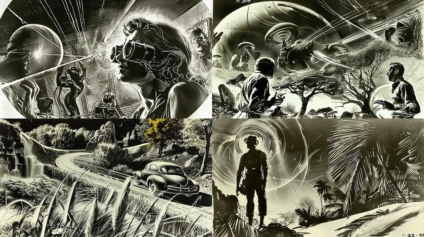 Dynamic monochromatic sci-fi aesthetic with surreal landscapes - Midjourney sref style