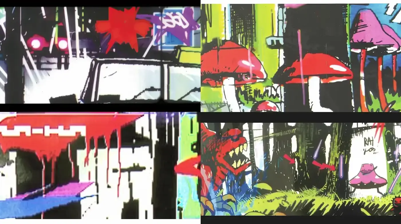 Vibrant and chaotic urban visual style with a retro comic influence - Midjourney sref style