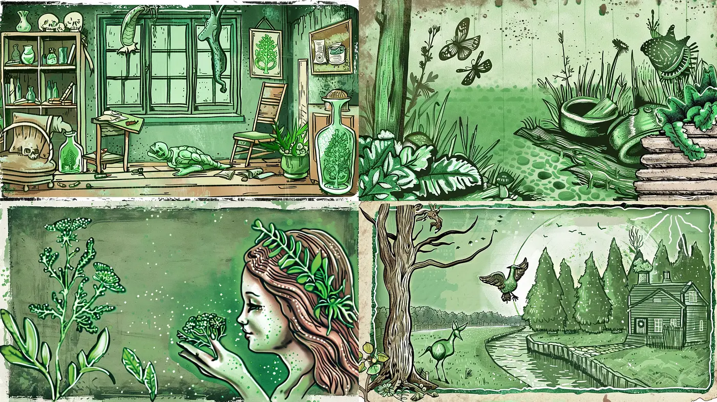 Enchanted Verdant Dreamscape Illustrations - Midjourney sref style