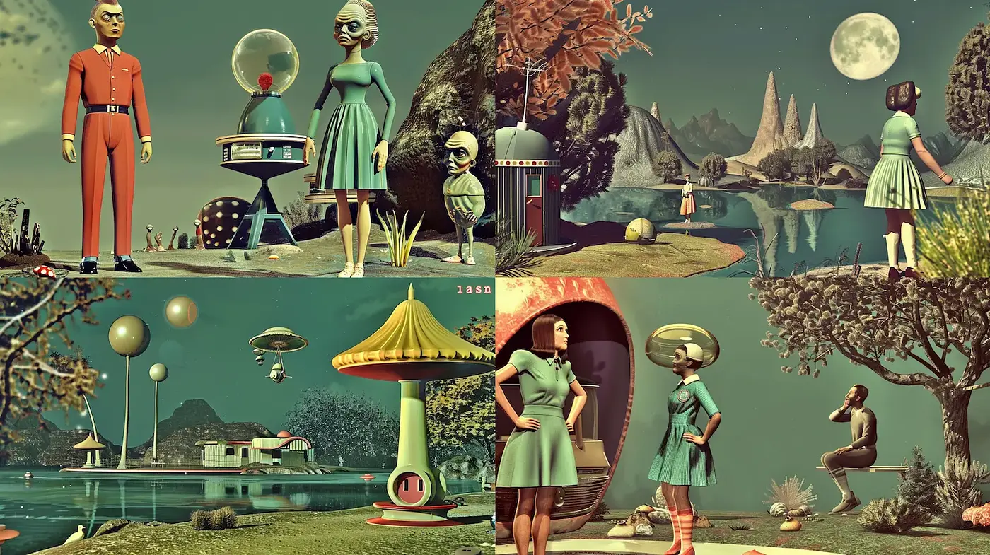 Retro Futurism Meets Surrealism in Dreamlike Landscapes - Midjourney sref style