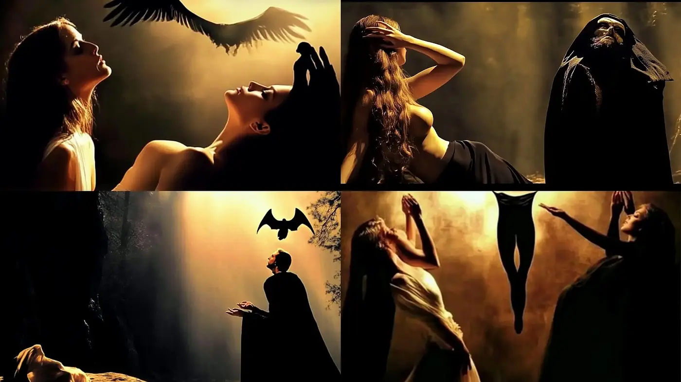 Mystical Golden Hour Dreamscape with Symbolic Figures - Midjourney sref style