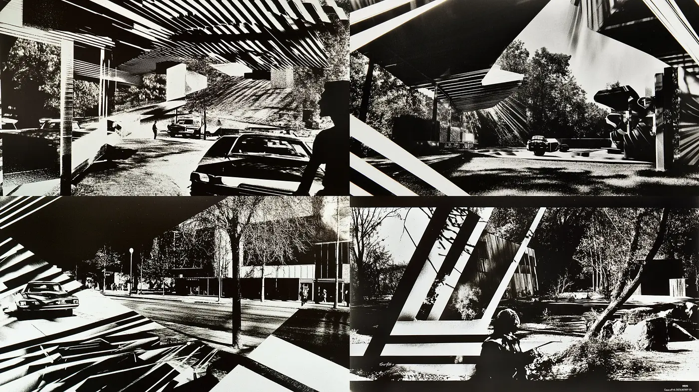 Monochromatic Shadows and Light in Urban Geometry - Midjourney sref style