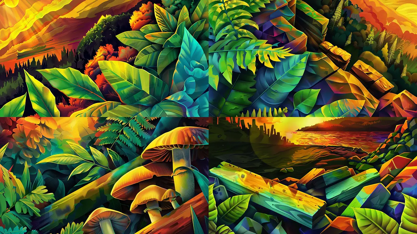 Luminous Chromatic Harmonies in Stylized Nature Panorama - Midjourney sref style