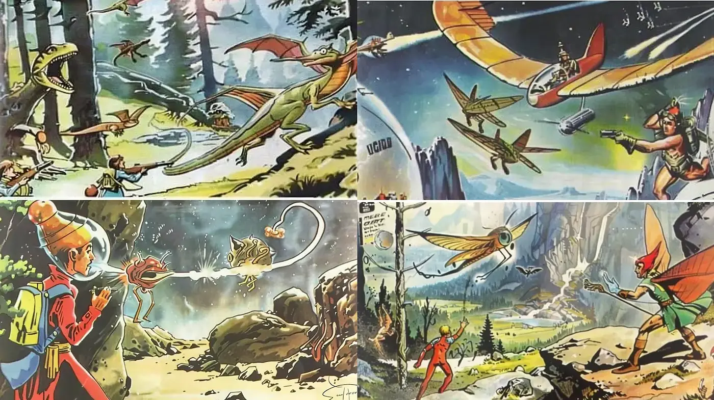 Dynamic Adventure Illustration with Retro Sci-Fi Elements - Midjourney sref style