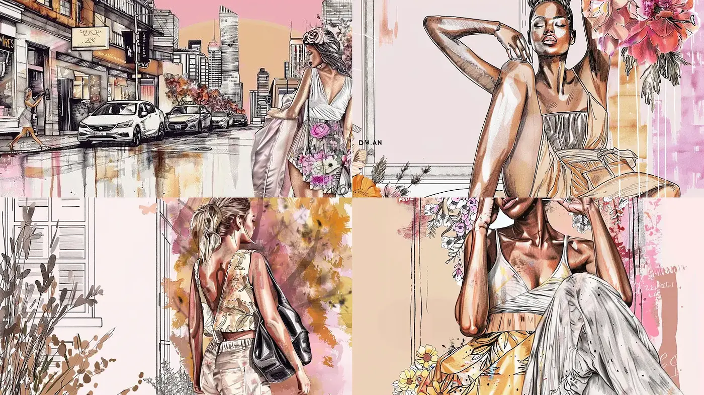 Stylized Fashion Illustrations with Urban Elements and Floral Accents - Midjourney sref style