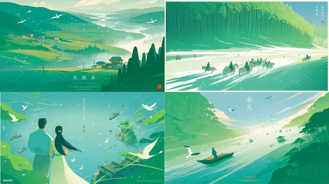 Serene landscapes with harmonious color palettes and subtle narrative elements - Midjourney sref style