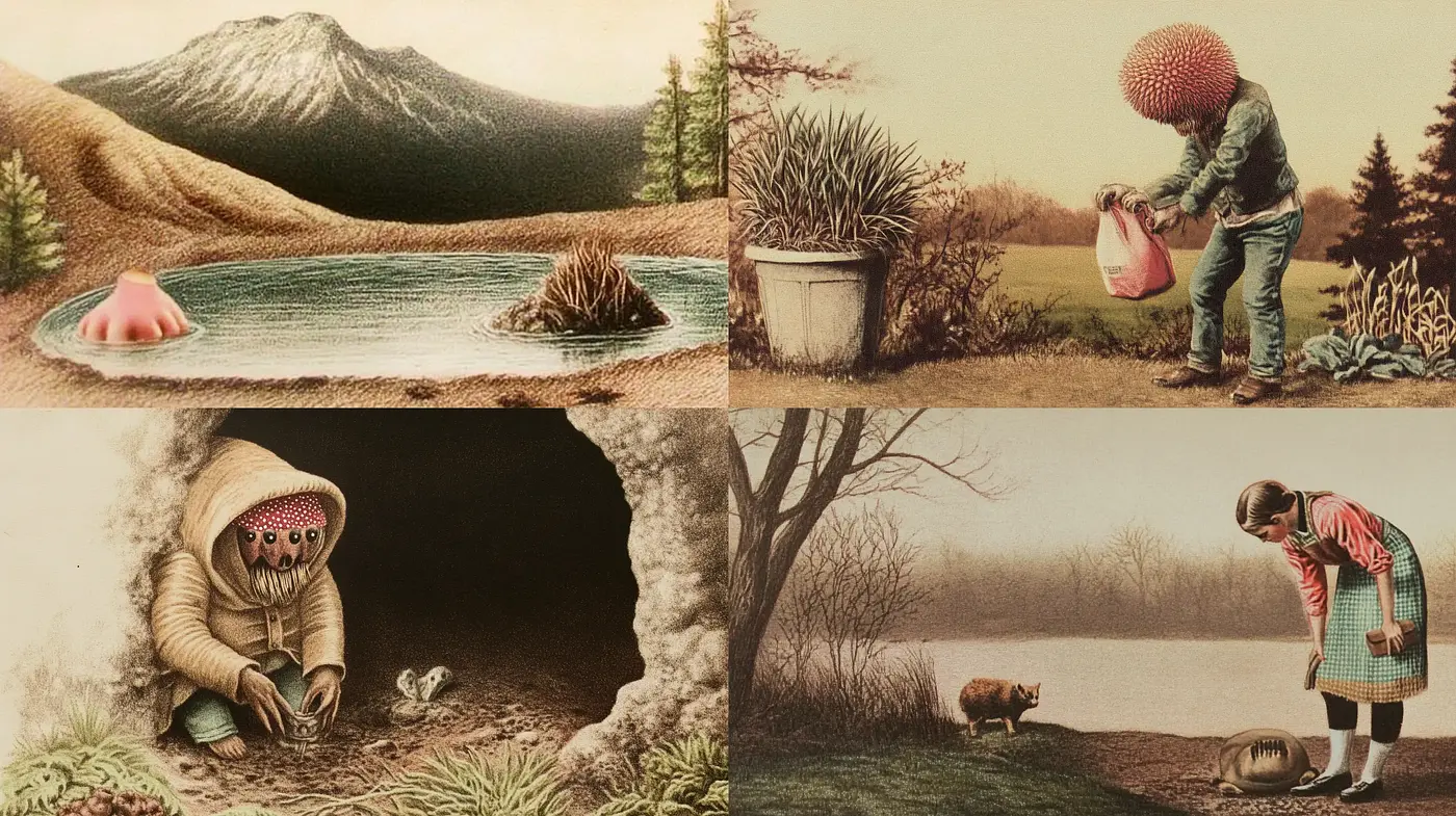 Surreal Pastoral Scenes with a Retro-Futuristic Twist - Midjourney sref style