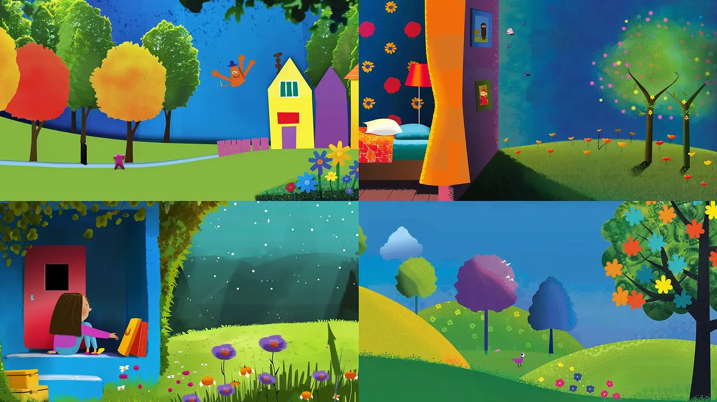 Consistently Radiant Storybook Spectrum: A Harmonious Blend of Vivid Shades and Dreamlike Textures - Midjourney sref style