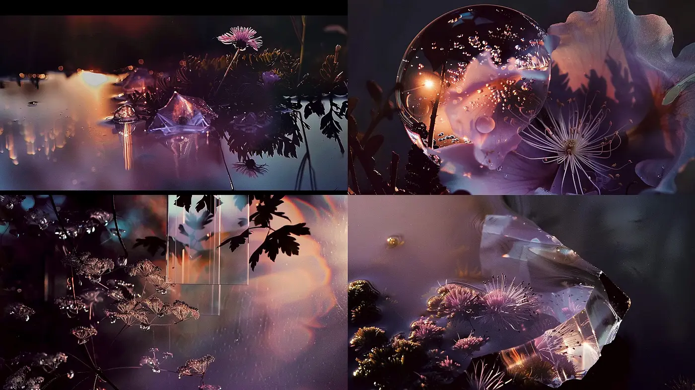 Ethereal Nocturne: A Dreamlike Fusion of Flora and Translucent Elements - Midjourney sref style