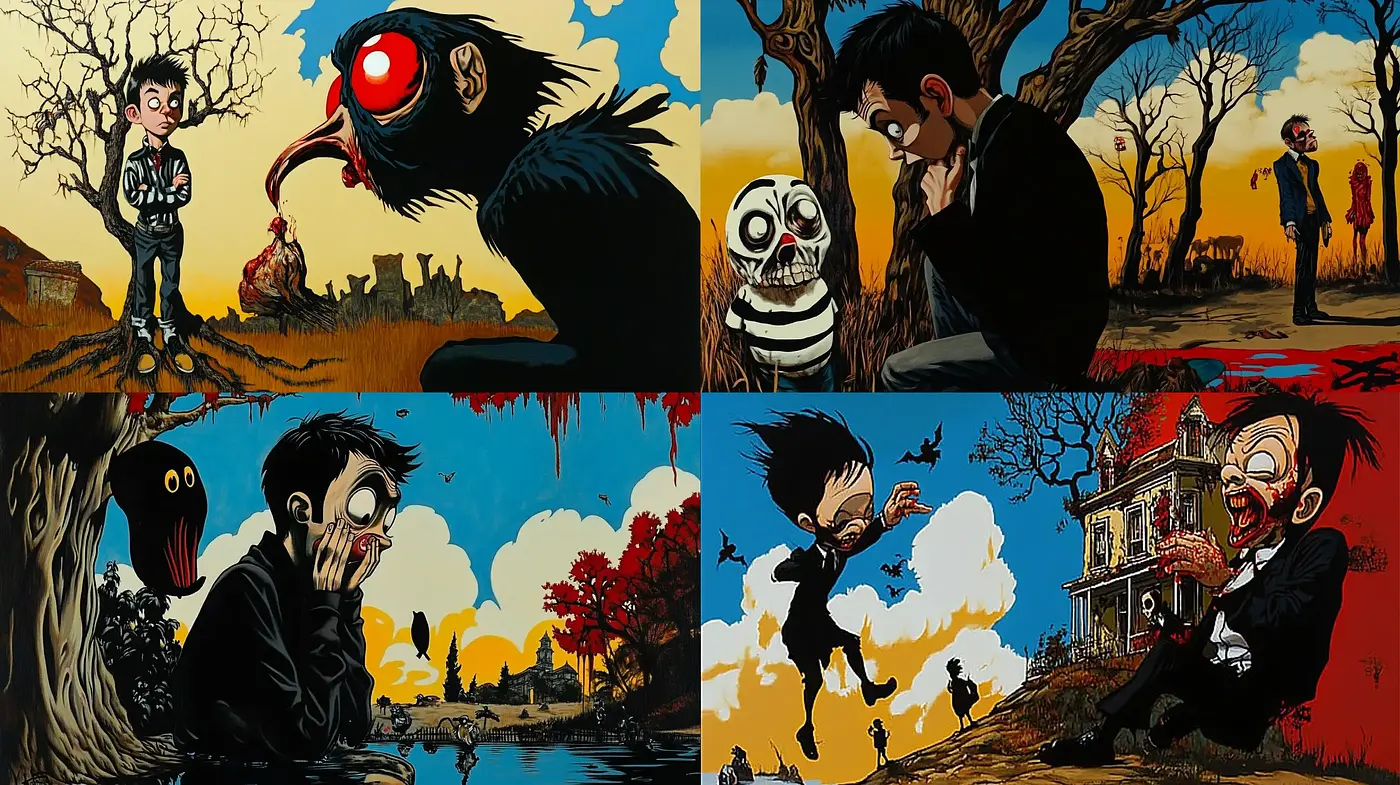 Eerie Twilight Tales: A Vibrant Nightmare Captured in Paint - Midjourney sref style