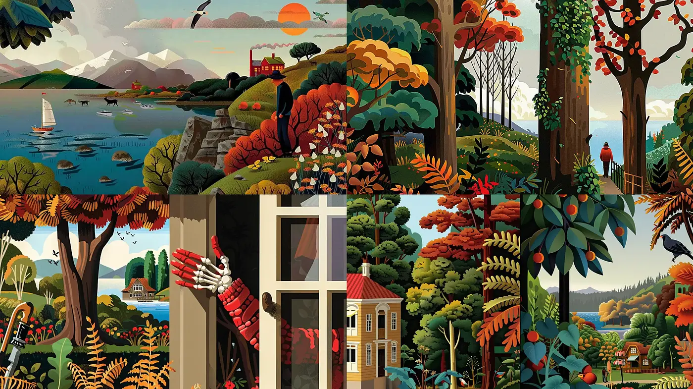 Consistent Vibrant Landscape Tapestry with Folk Art Nuances - Midjourney sref style