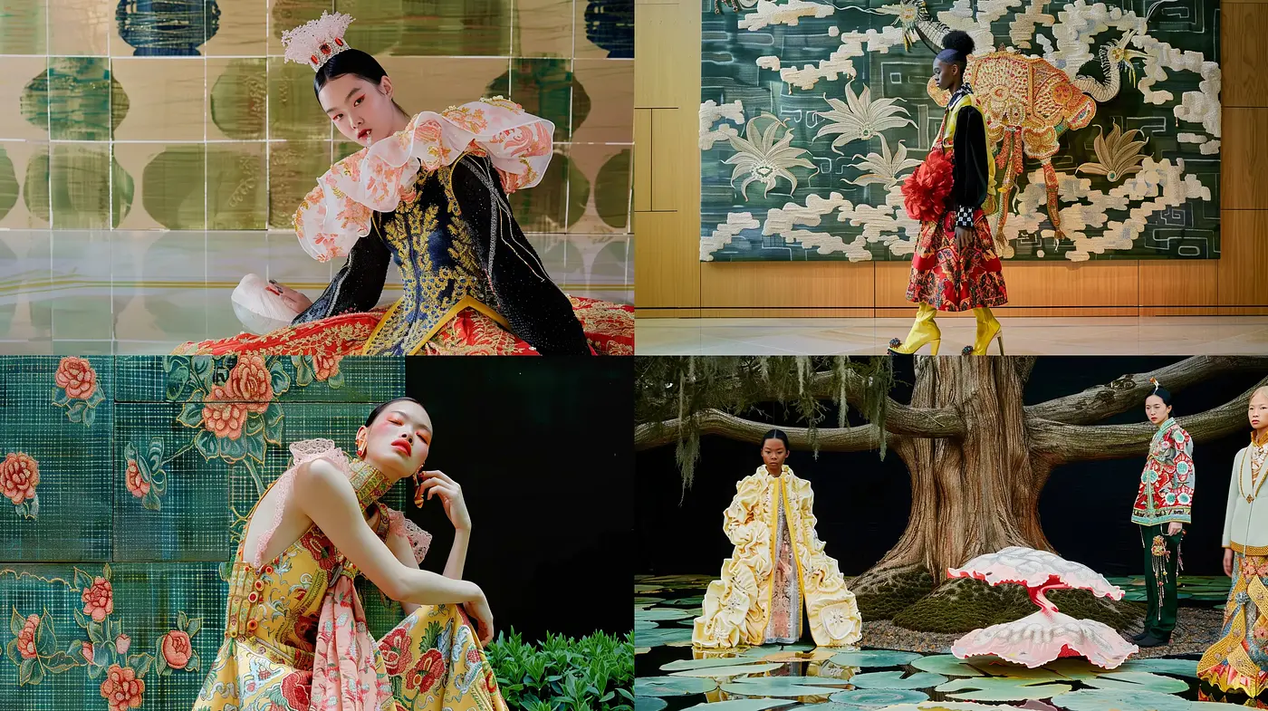 Ornate Floriculture: A Tapestry of Vivid Textiles and Painterly Scenes - Midjourney sref style