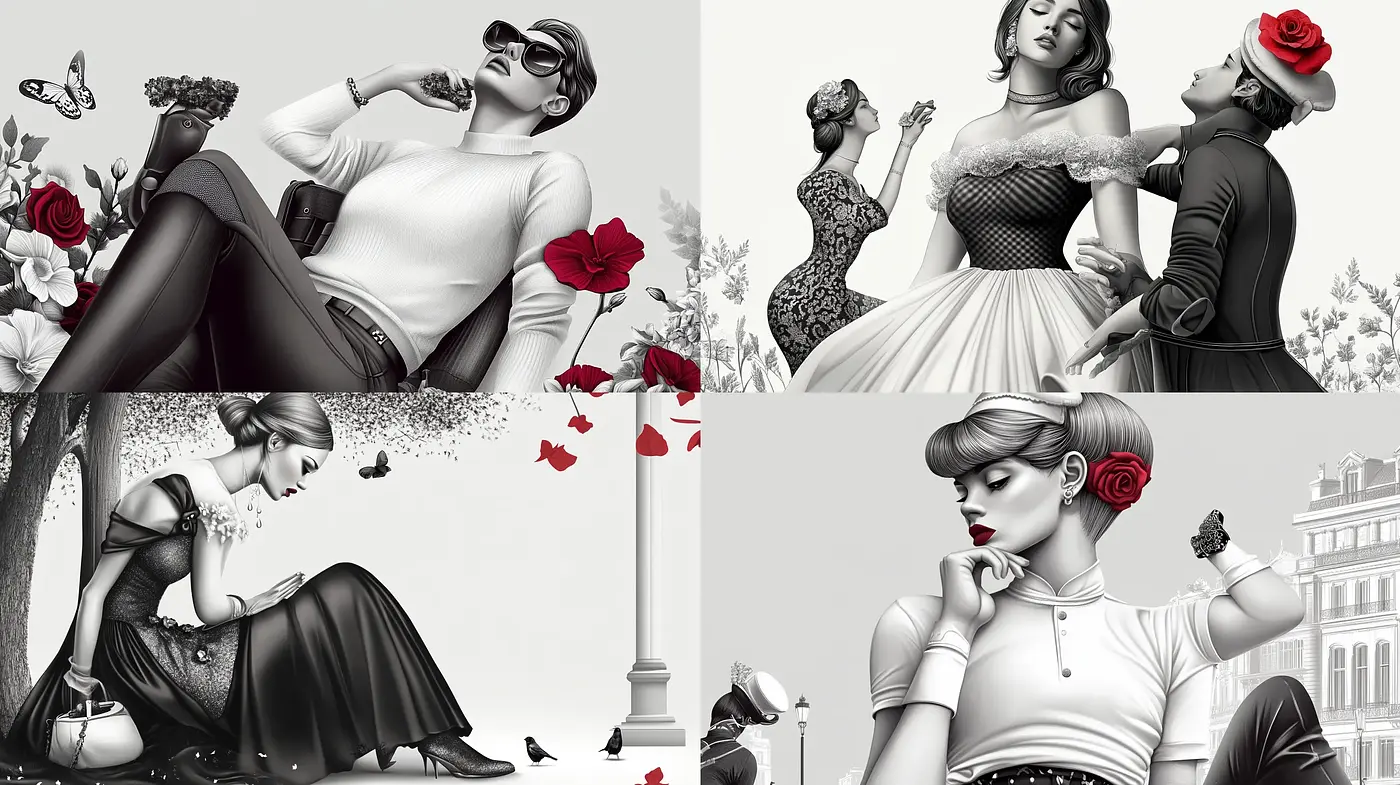 Monochromatic Elegance with Striking Red Accents Inspired by Vintage Glamour - Midjourney sref style