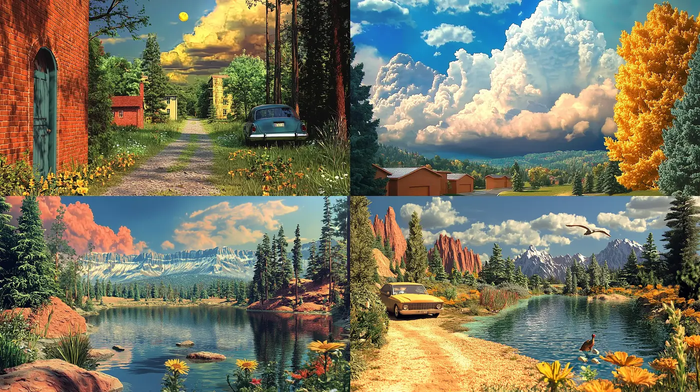 Serene Nostalgic Landscapes Rendered in Golden Hour's Radiance - Midjourney sref style