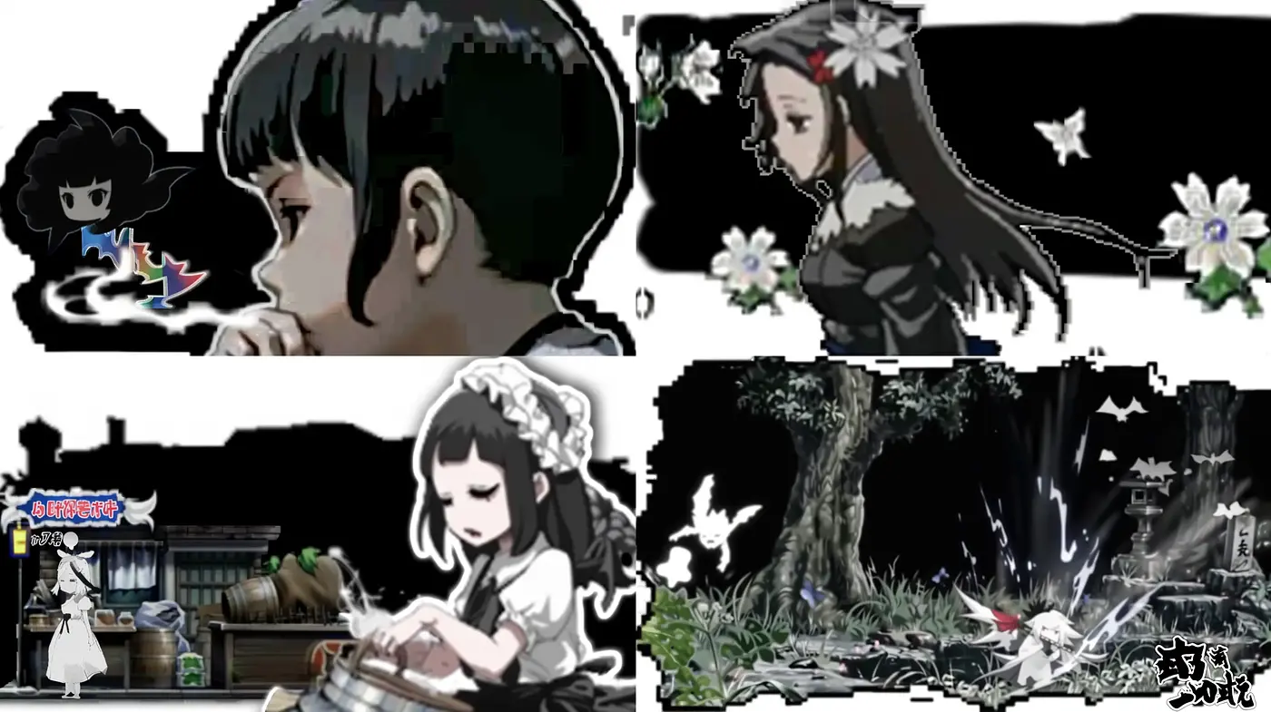 Monochromatic Anime-Inspired Digital Illustrations with Floral Contrasts - Midjourney sref style
