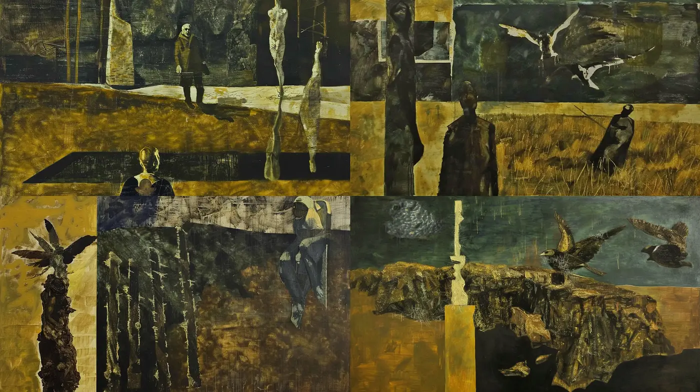 Moody Textural Montage with Surrealist Undertones - Midjourney sref style