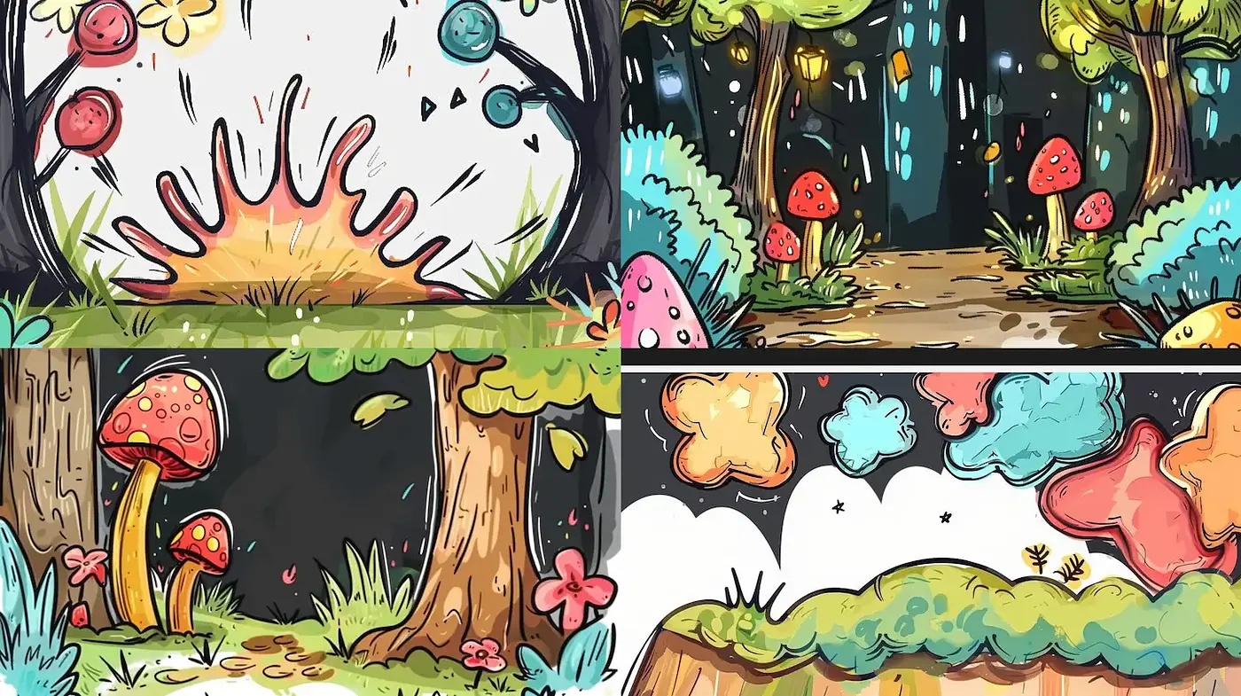 Whimsical Illustrative Styles with Vibrant Nature Elements - Midjourney sref style