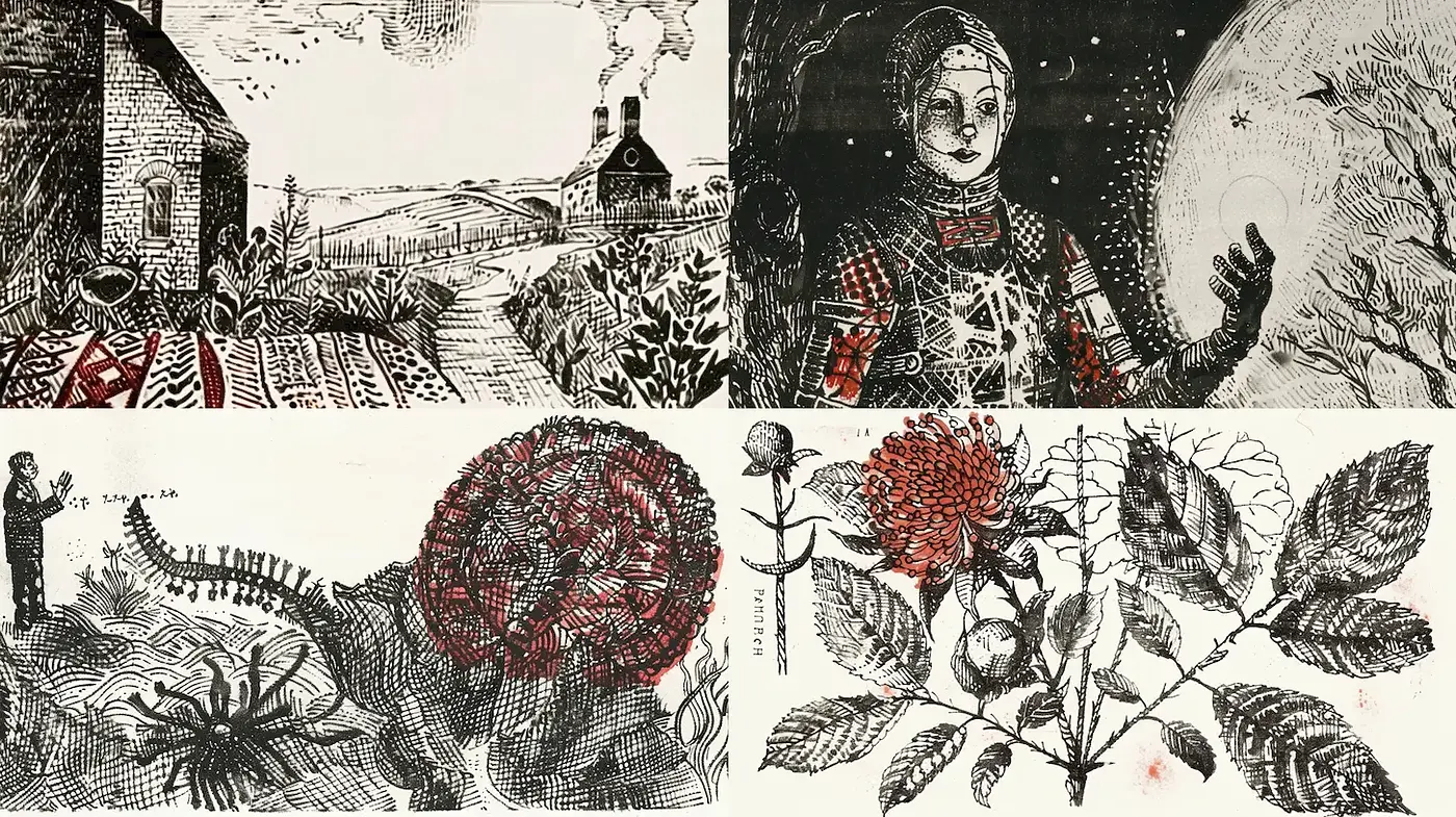 Intricate Black and White Illustrations with a Surreal Touch - Midjourney sref style