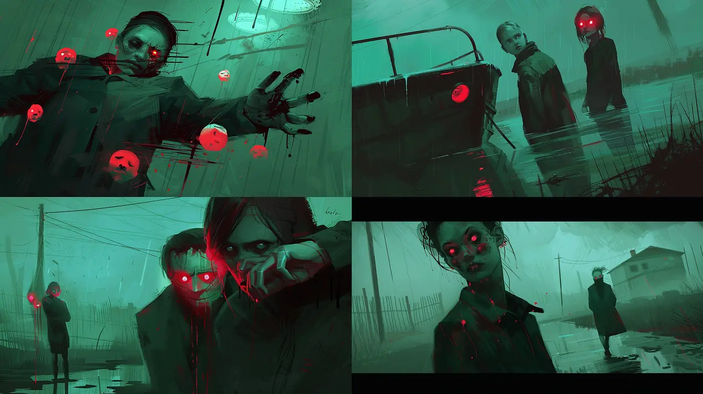 Eerie Red-Eyed Specters in Turquoise Nocturne: A Fusion of Cyberpunk and Expressionism - Midjourney sref style