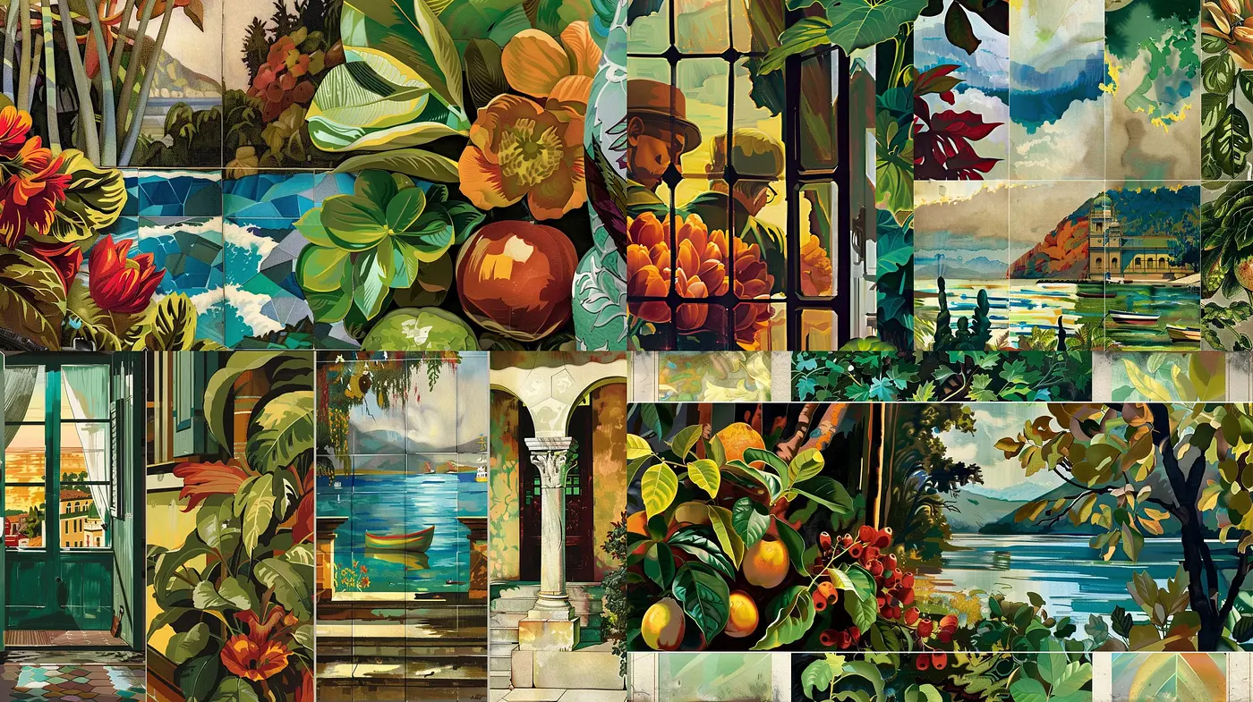 Lush Botanical Abundance in Stylized Realist Mosaic - Midjourney sref style
