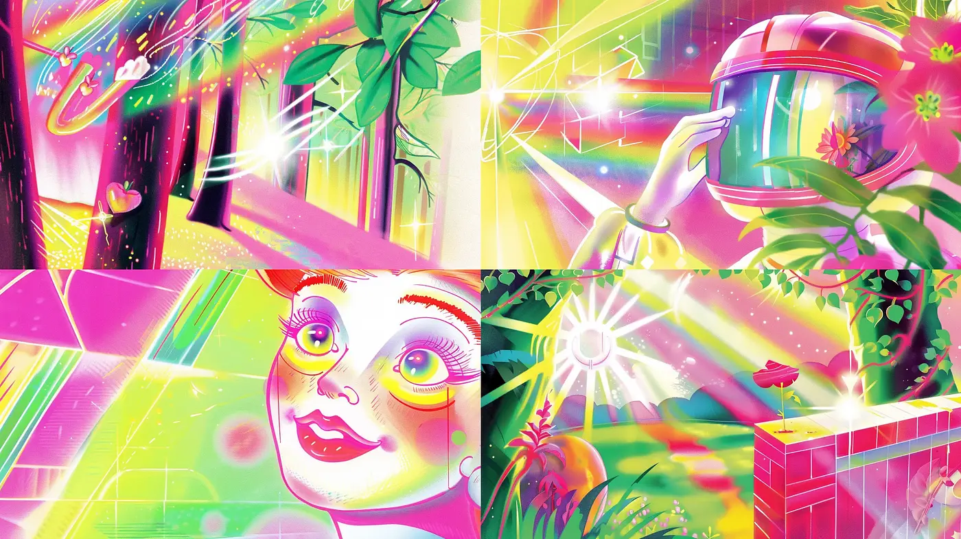 Luminescent Dreamscape: A Fusion of Vibrant Retro-Futurism and Psychedelic Flair - Midjourney sref style