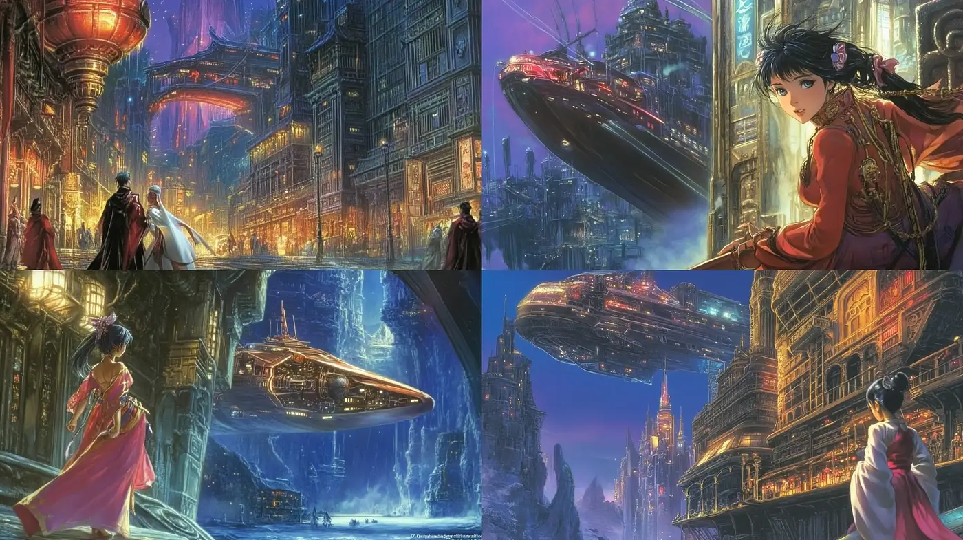 Futuristic Elegance with Traditional Sensibilities in Luminous Cityscapes - Midjourney sref style
