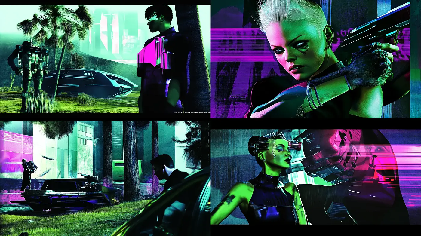 Neon Noir Fusion: An Intersection of Cyberpunk Imagery and Surrealist Overtones - Midjourney sref style