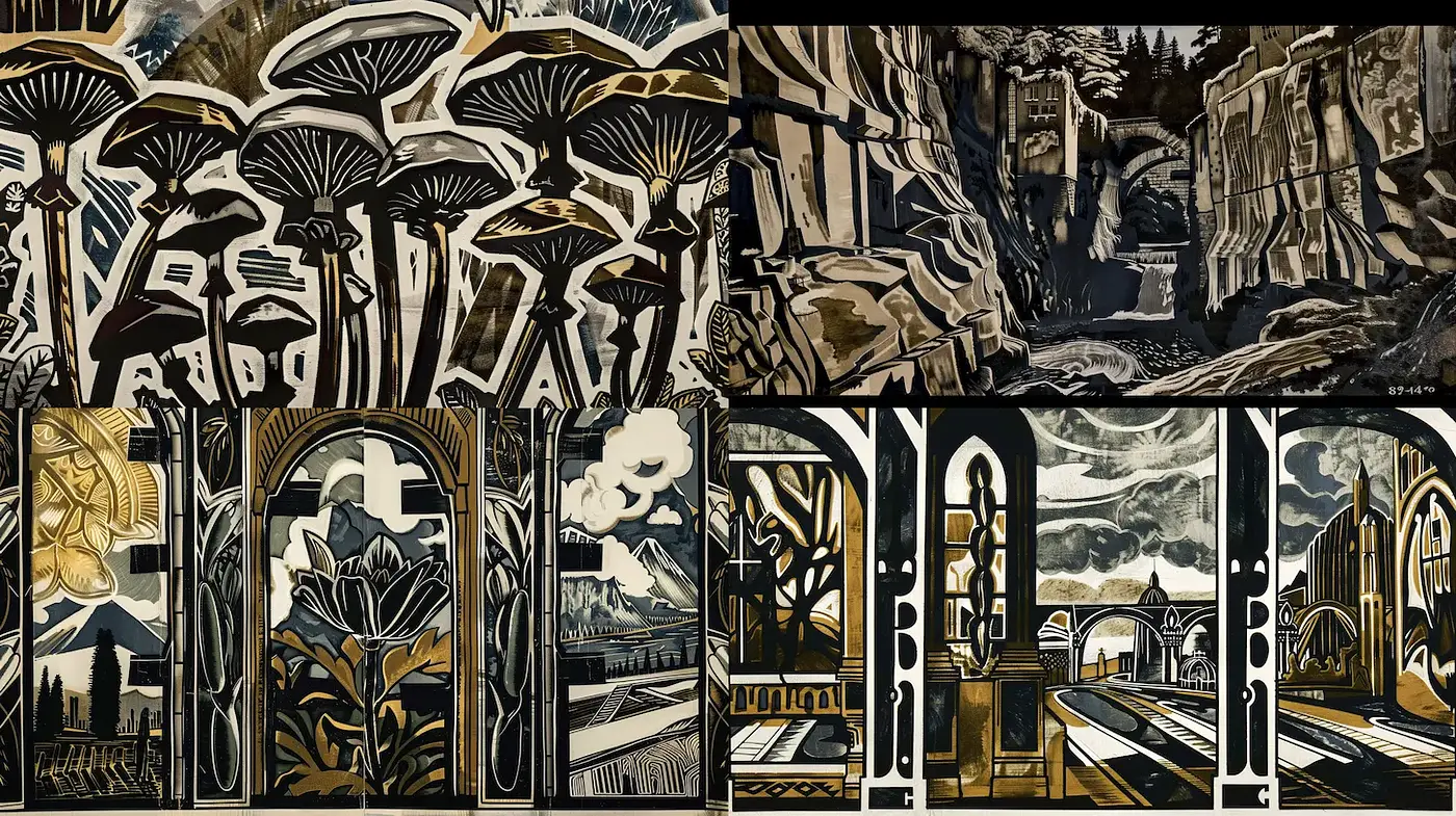 Stylized Organic Architecture with a Dramatic Contrast - Midjourney sref style