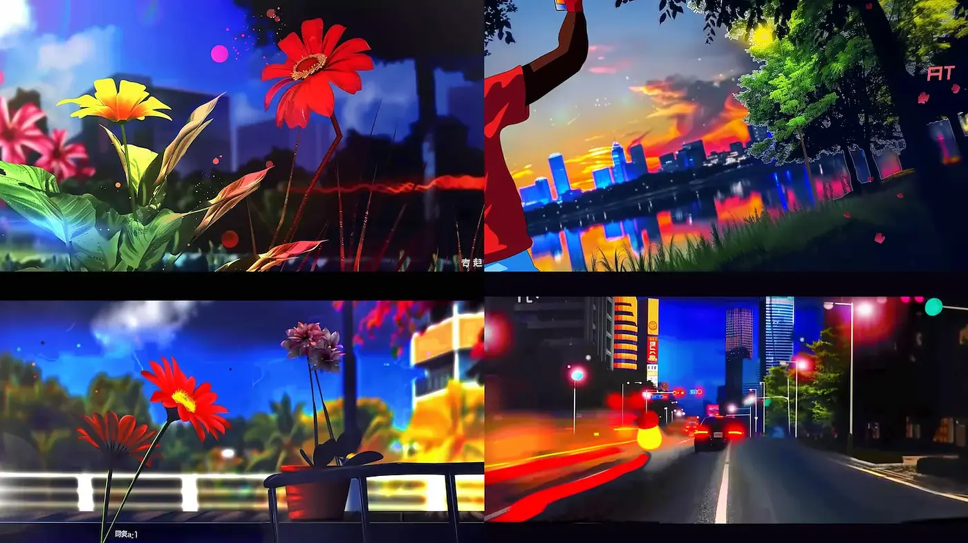 Vividly Textured Digital Landscape with Floral Motifs and Urban Themes - Midjourney sref style
