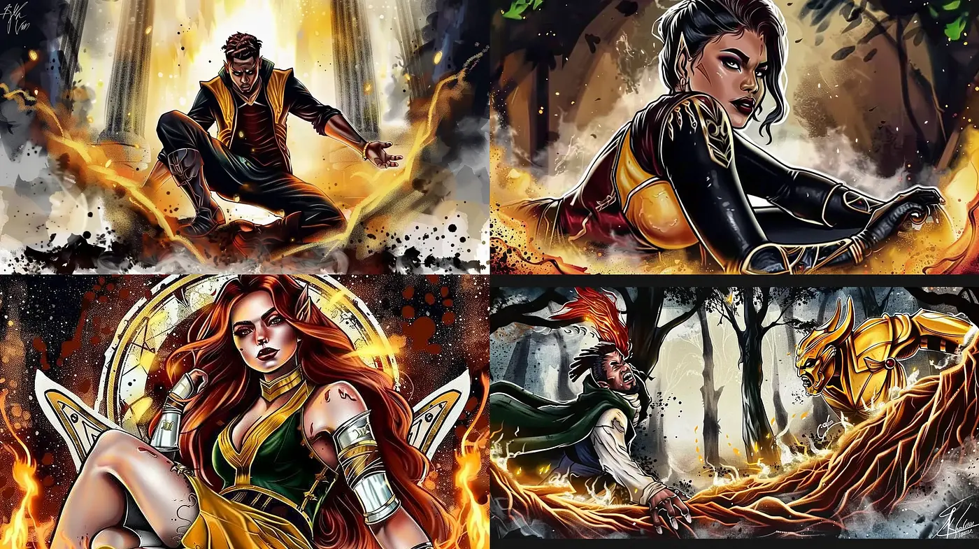 Dynamic Fire-Infused Comic Book Panache - Midjourney sref style