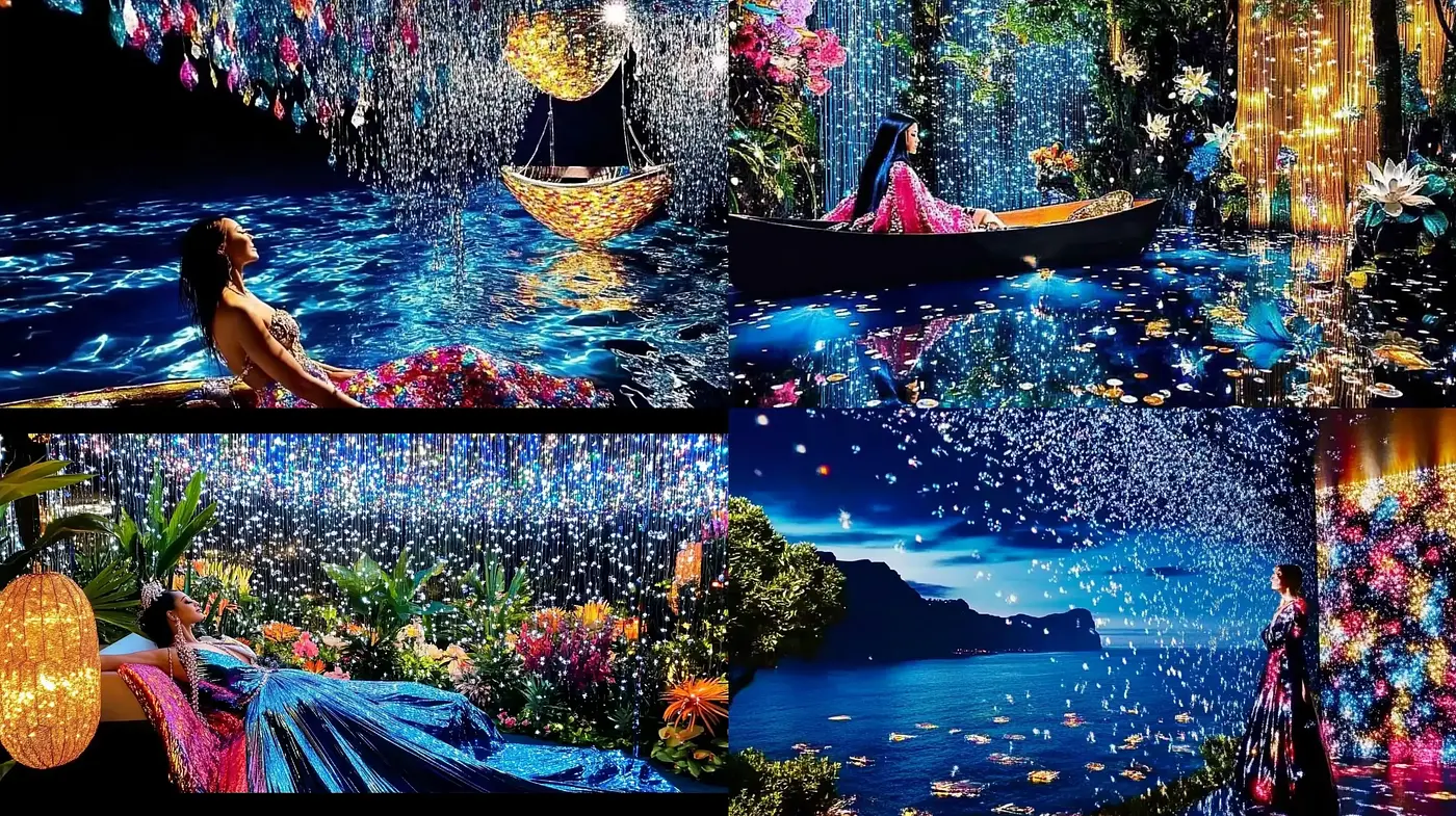 Enchanted Nocturne: A Vivid Dreamscape of Luminous Flora and Starlit Waters - Midjourney sref style