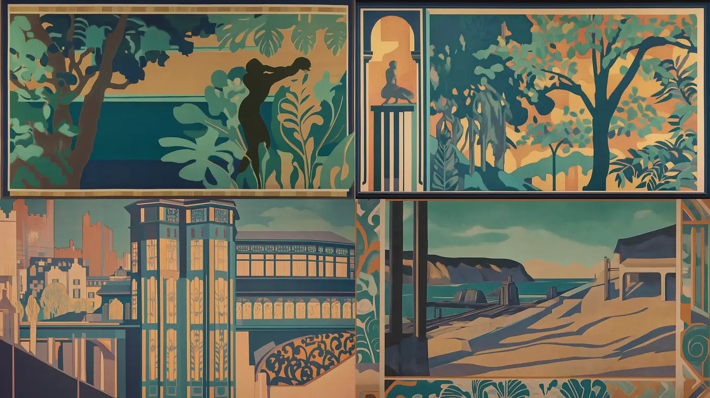 Serene Harmonic Visions in Deco-Inspired Tones - Midjourney sref style