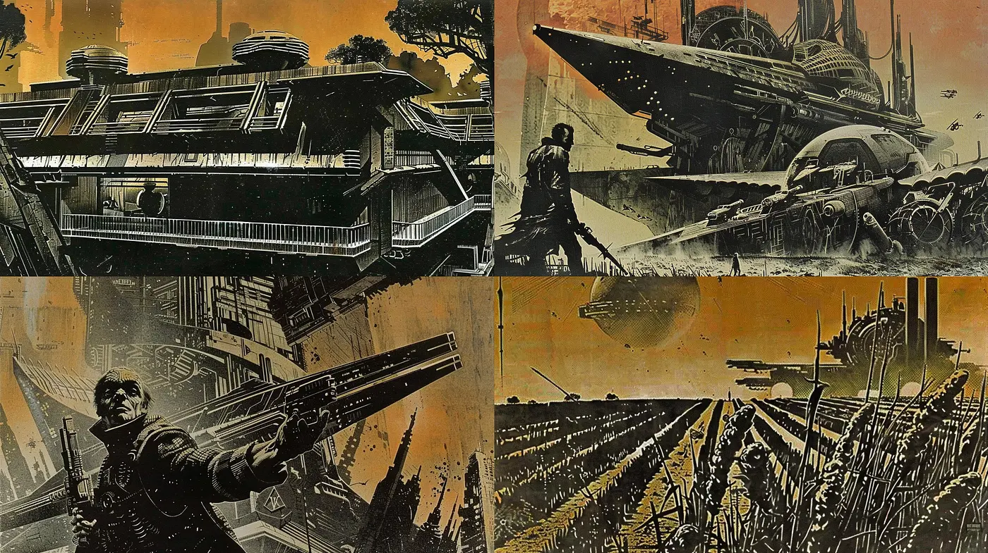 Dystopian Retro-Futurism in Sepia: A Homage to the Timeless Intersection of Vintage Science Fiction and Sepia Tones - Midjourney sref style