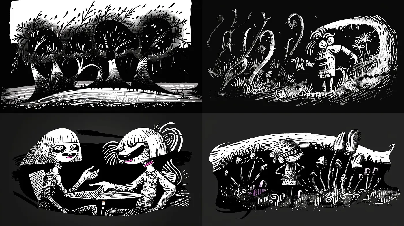 Monochrome Whimsy: A Surreal Journey Through Stylized Illustrations - Midjourney sref style